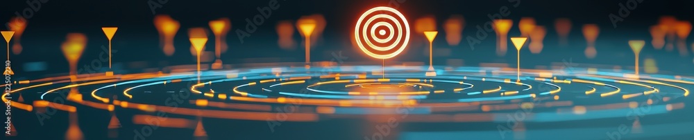 Poster abstract roadmap with glowing checkpoints leading to a target symbol