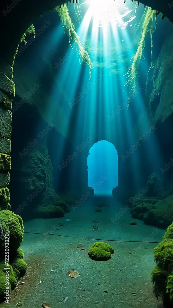 Poster sunlight streams through underwater cave creating ethereal path as water shimmers