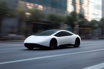 Sleek white electric car in motion on a city street during the day