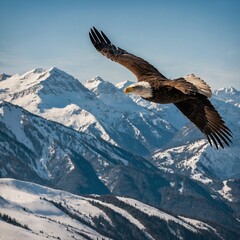 Bald Eagle Soaring Over a Mountain Range. Bald eagle in the sky. 
