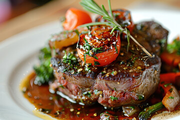 close up horizontal image of a beef dish served in a fine dining restaurant