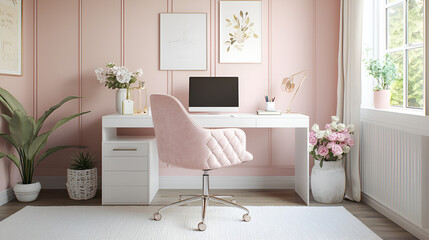 A stylish and organized home office space, featuring a blush pink desk chair and white desk, decorated with flowers and plants.