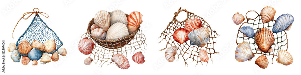 Poster vibrant and composition showcasing a collection of seashells ropes and woven netting representing th