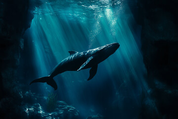 Fototapeta premium A whale is swimming in the ocean with the sun shining on it