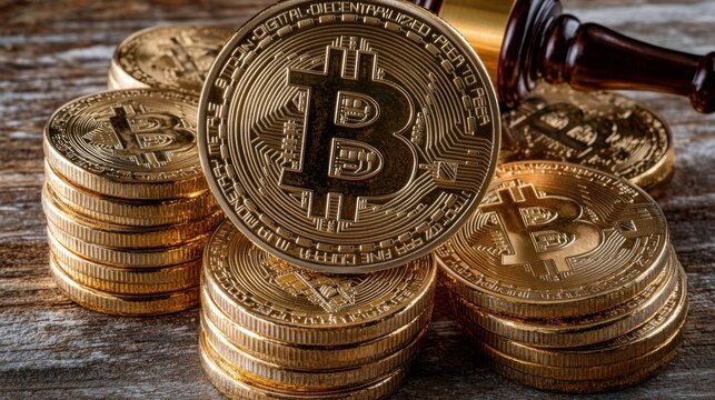 Golden Bitcoin Coins Stacked with Wooden Gavel on Rustic Table