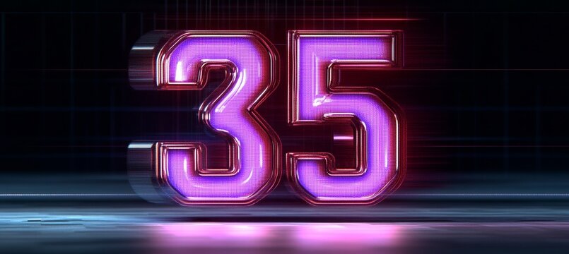 A Futuristic, Glowing Number 35 Rendered Digitally On a Dark, Grid Pattern Background