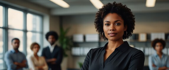 A professional black woman standing with arms crossed in a sleek office, symbolizing pride and career success