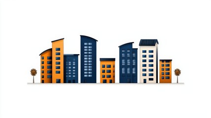 Colorful City Skyline with Modern Buildings and Trees in Minimalistic Style