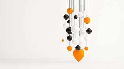 Abstract Composition of Colorful Spheres and Shapes Hanging in a Minimalist Indoor Space