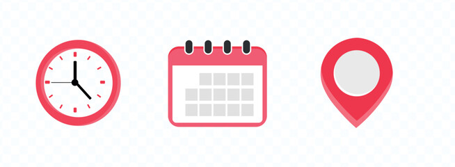 Time, date and address icon set. Clock, calendar, location pin. Vector illustration.