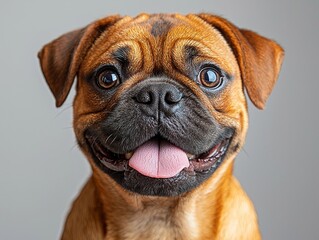 Obraz premium Adorable Chubby Pug Dog Sitting Proudly with Tongue Lolling and Curled Tail on Clean White Background