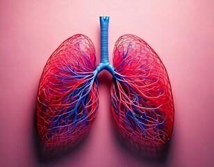 Abstract realistic wire lungs flat lay illustration - concept of breathing, wellness and respiratory health. Creative 3D model of human lungs, red on pink background