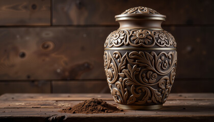 Elegant engraved urn on wooden table with floral motifs, remembrance