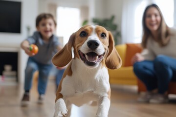 An energetic Beagle runs towards the camera as a child joyfully plays, embodying the spirit of playfulness, family bonding, and the joy pets bring into our lives.