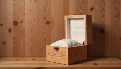 Elegant funeral urn box on polished wooden shelf, memorial remembrance