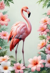 Delightful watercolor painting of flamingo and pastel flowers, painting, flamingo