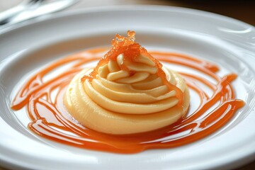A plated dessert featuring a quenelle of mousse on a swirl of caramel sauce