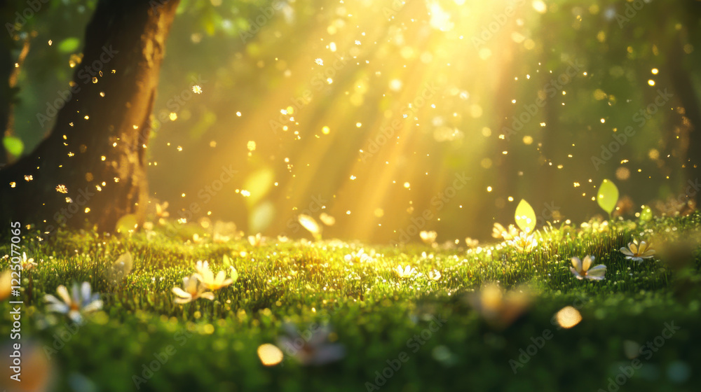 Poster sunlight filters through trees, illuminating a meadow with blooming flowers and floating particles i