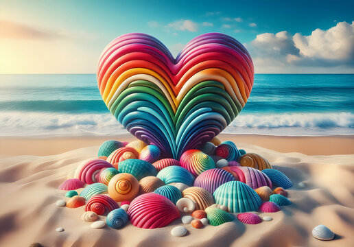 Herz in Regenbogenfarben, umringt von Muscheln, an einem Stran, Sand und Meereshintergrund