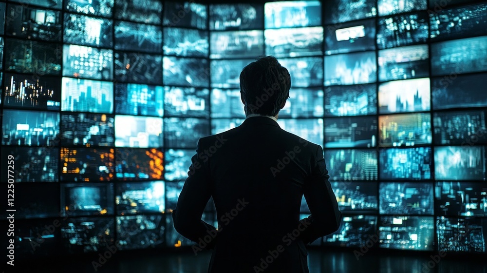 Poster A professional dressed in formal attire observes a large array of screens displaying vibrant visuals, absorbing information in a high-tech city office atmosphere during twilight