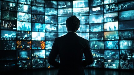 A professional dressed in formal attire observes a large array of screens displaying vibrant visuals, absorbing information in a high-tech city office atmosphere during twilight