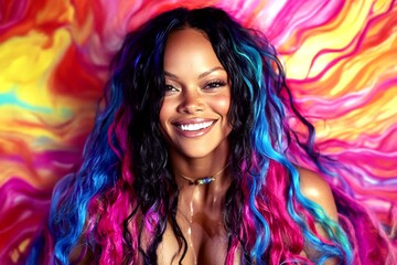 Pretty smiling mixed-race girl - for ads, print and social platforms use. Long coiffure - beach waves hair. Commercial marketing idea. African beauty advertising trends. Black woman portraits.