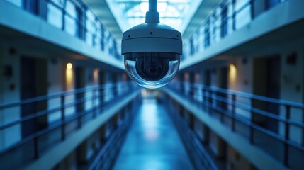 Security camera hangs in prison corridor. Illustrates security, surveillance, and incarceration themes.