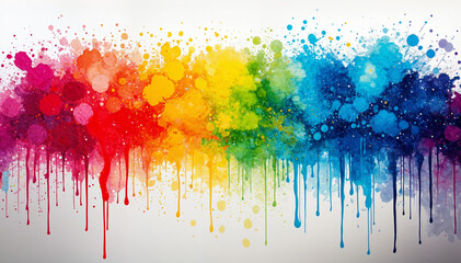 Fototapeta premium Rainbow paint drips down a white background.