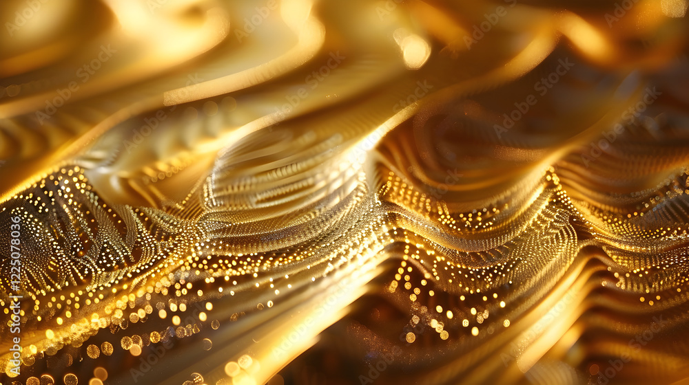 Poster abstract golden waves with shimmering particles creating a dynamic visual effect.