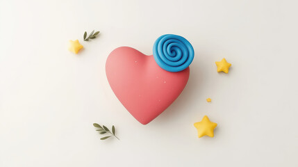 heart shaped object with blue swirl on top, surrounded by yellow stars and green leaves, evokes playful and whimsical feeling
