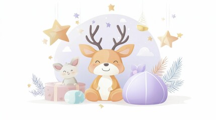 Fototapeta premium A cute cartoon deer with antlers sits beside a playful cat and colorful gifts, surrounded by stars and soft pastel colors.