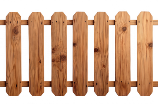 Wooden fence panels with octagonal tops crafted from natural wood, isolated on a transparent background, suitable for design and decoration projects