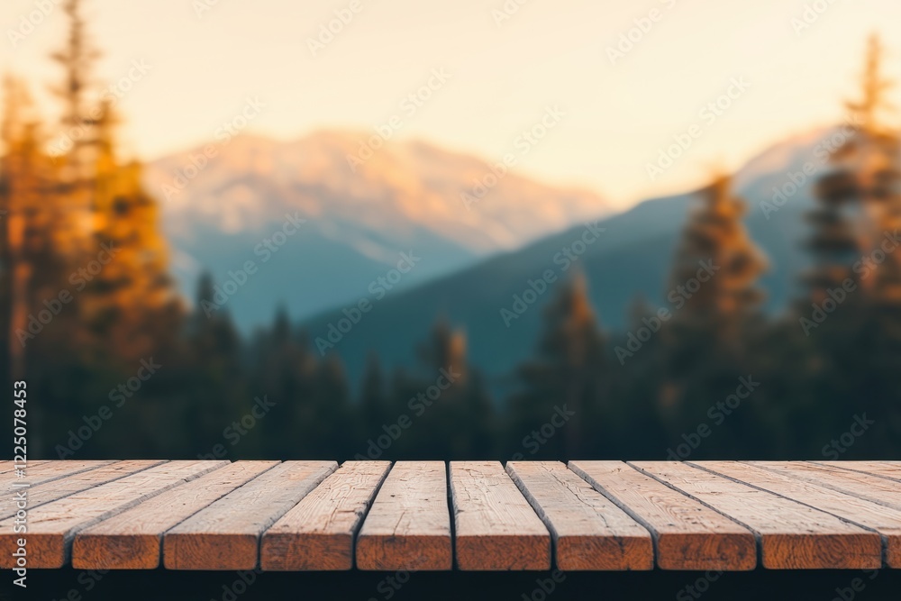 Poster empty wooden table with blurred mountains and pine trees at sunset