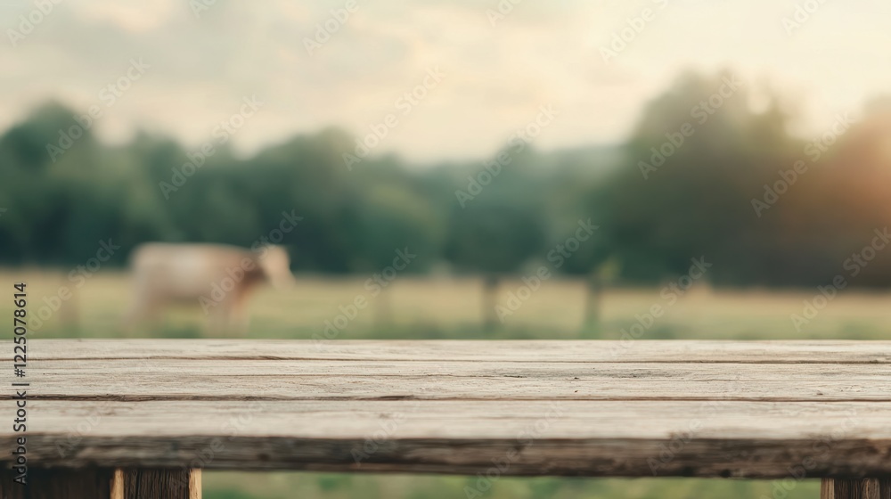 Poster empty wooden table with blurred cow grazing in field at sunset