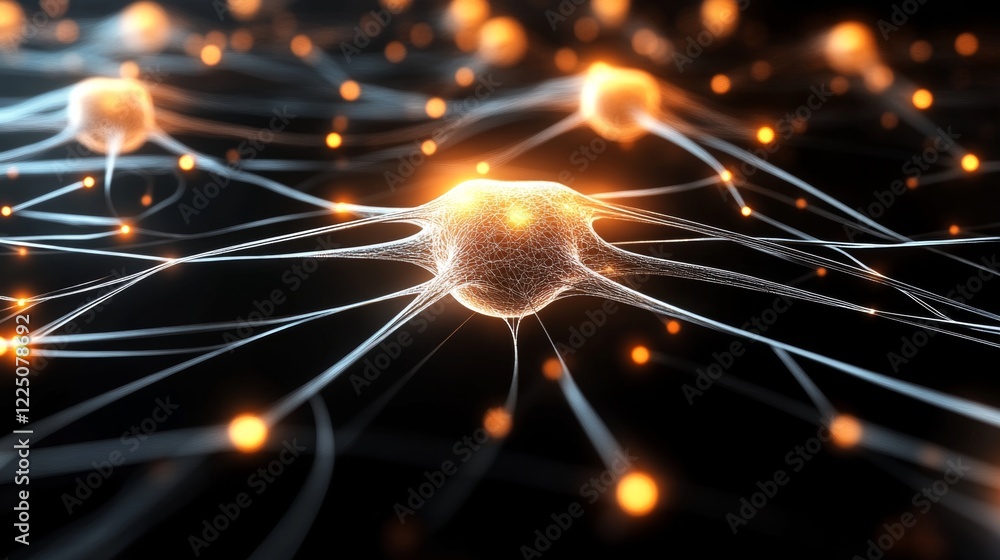 Poster intricate neural network, synapses, neural links, and nodes on a dark background, neurology concept.
