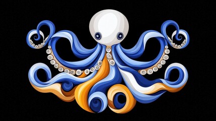 Vibrant Abstract Octopus Design with Swirling Tentacles and Colorful Patterns on Black Background