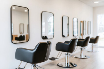Stylish modern hair salon interior with elegant black chairs and mirrors.