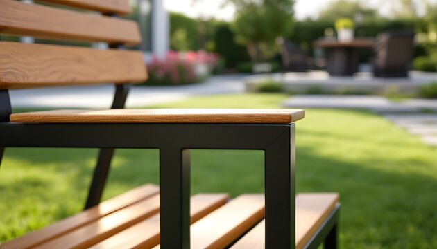 A close-up view of a modern, minimalist garden chair with a sleek, black metal frame and wooden seat slats. The chair sits on a finely manicured lawn, its smooth finish reflecting subtle hig