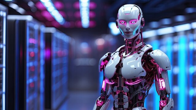 A futuristic robotic figure with a digital