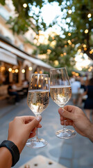 Romantic Outdoor Dinner: A couple clinking glasses of wine in a softly lit garden cafe, surrounded by lush greenery