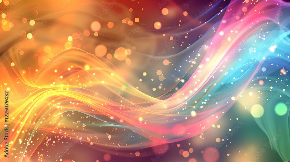 Poster a vibrant abstract background with flowing colors and glowing particles.