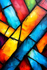 A vibrant stained glass pattern featuring bold colors like blue, yellow, and red, intersecting in geometric shapes for a dynamic visual effect.