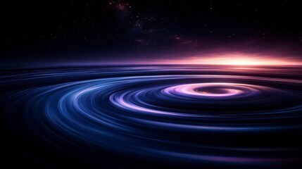 Obraz premium Abstract cosmic swirl with vibrant purple and blue hues against a dark starry sky, showcasing a sunrise or sunset effect. Digital art with a