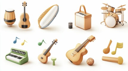 Obraz premium A cheerful arrangement of colorful musical instruments including guitars, drums, and percussion, accompanied by musical notes, conveying a lively musical theme.