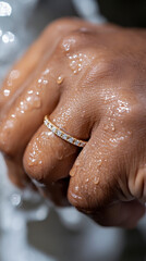 Naklejka premium A close-up of a hand adorned with a non-tarnish gold ring sparkling under natural sunlight.
