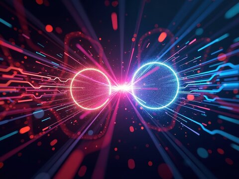 Quantum qubits in superposition displaying interaction and energy exchange in a vibrant digital representation