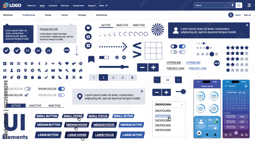 Poster a modern ui kit featuring a collection of buttons, icons, navigation menus, and responsive design el
