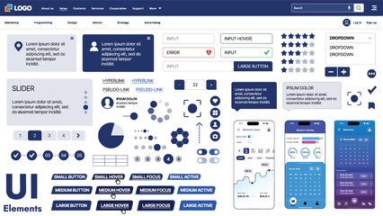 A modern UI kit featuring a collection of buttons, icons, navigation menus, and responsive design elements. Includes login forms, media players, search bars, and calendars, ideal for apps, websites