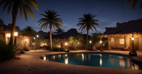 Obraz premium Desert oasis at night with palm trees and lanterns, al ula, peaceful atmosphere