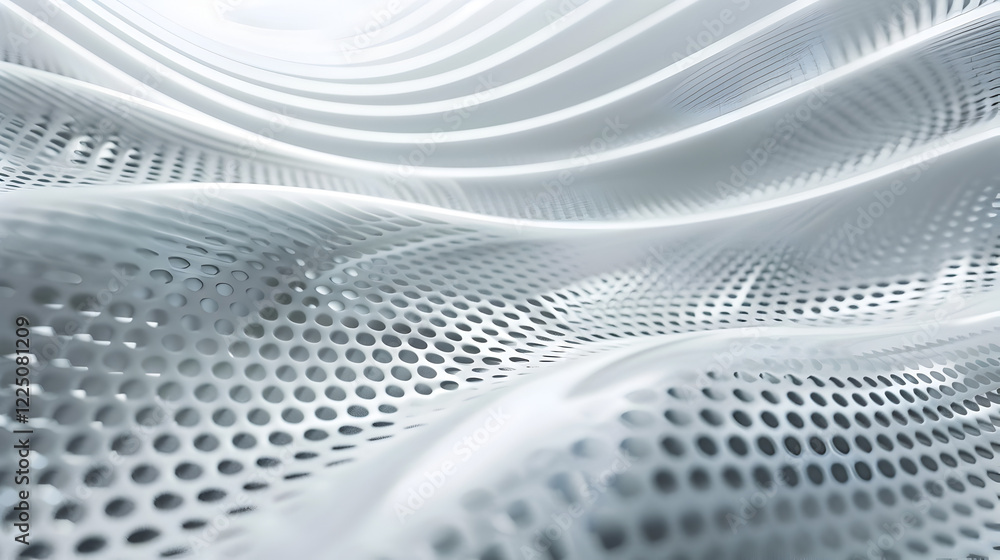 Poster a close-up view of a textured, wave-like mesh pattern in white tones.